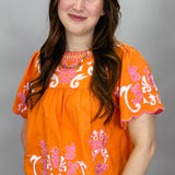 Consider Me Gone Scallop Edge Babydoll Applique Top, Orange