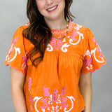 Consider Me Gone Scallop Edge Babydoll Applique Top, Orange