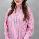 Crazy Girl Striped Button-up Collared Top, Pink