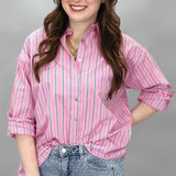 Crazy Girl Striped Button-up Collared Top, Pink