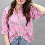 Crazy Girl Striped Button-up Collared Top, Pink