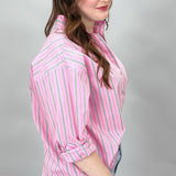 Crazy Girl Striped Button-up Collared Top, Pink