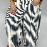 Dancing On My Own Drawstring Striped Barrel Pants, Navy