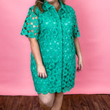 Day Dream Believer Lace Button Down Collared Dress, Green