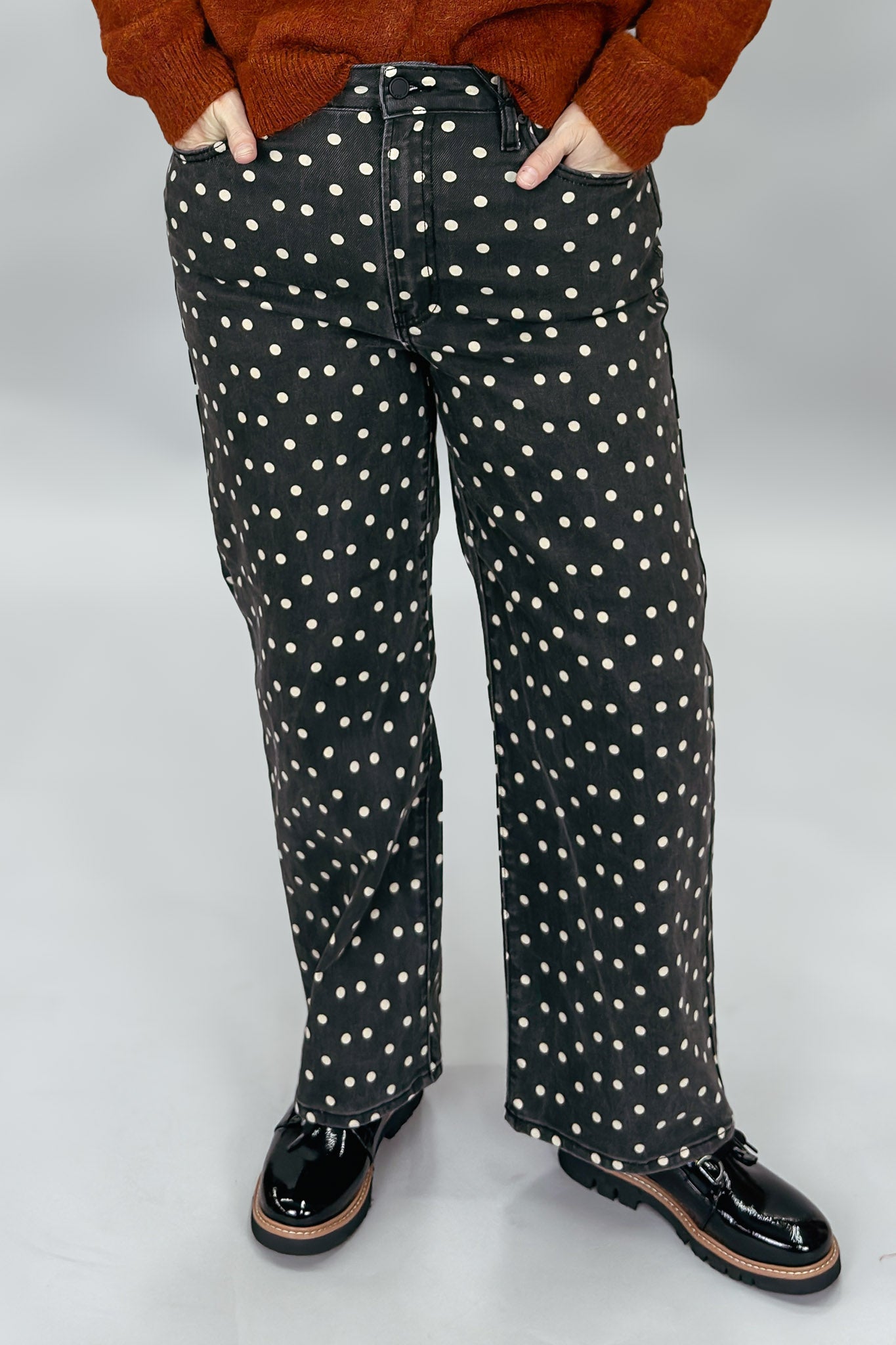 Deep In Love Polka Dot Straight Leg Jeans, Black