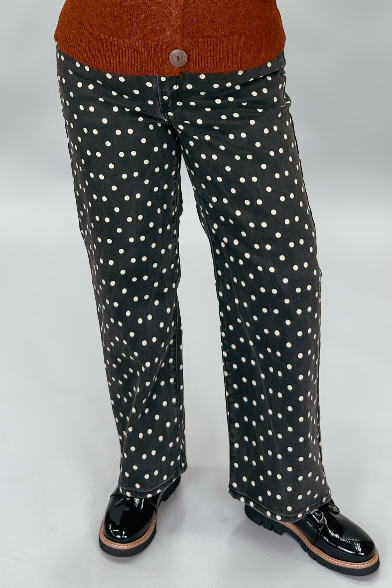 Just Black Denim black straight-leg jeans with cream polka dots; front model view.