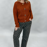 Just Black Denim black straight-leg jeans with cream polka dots; outfit styling suggestion.