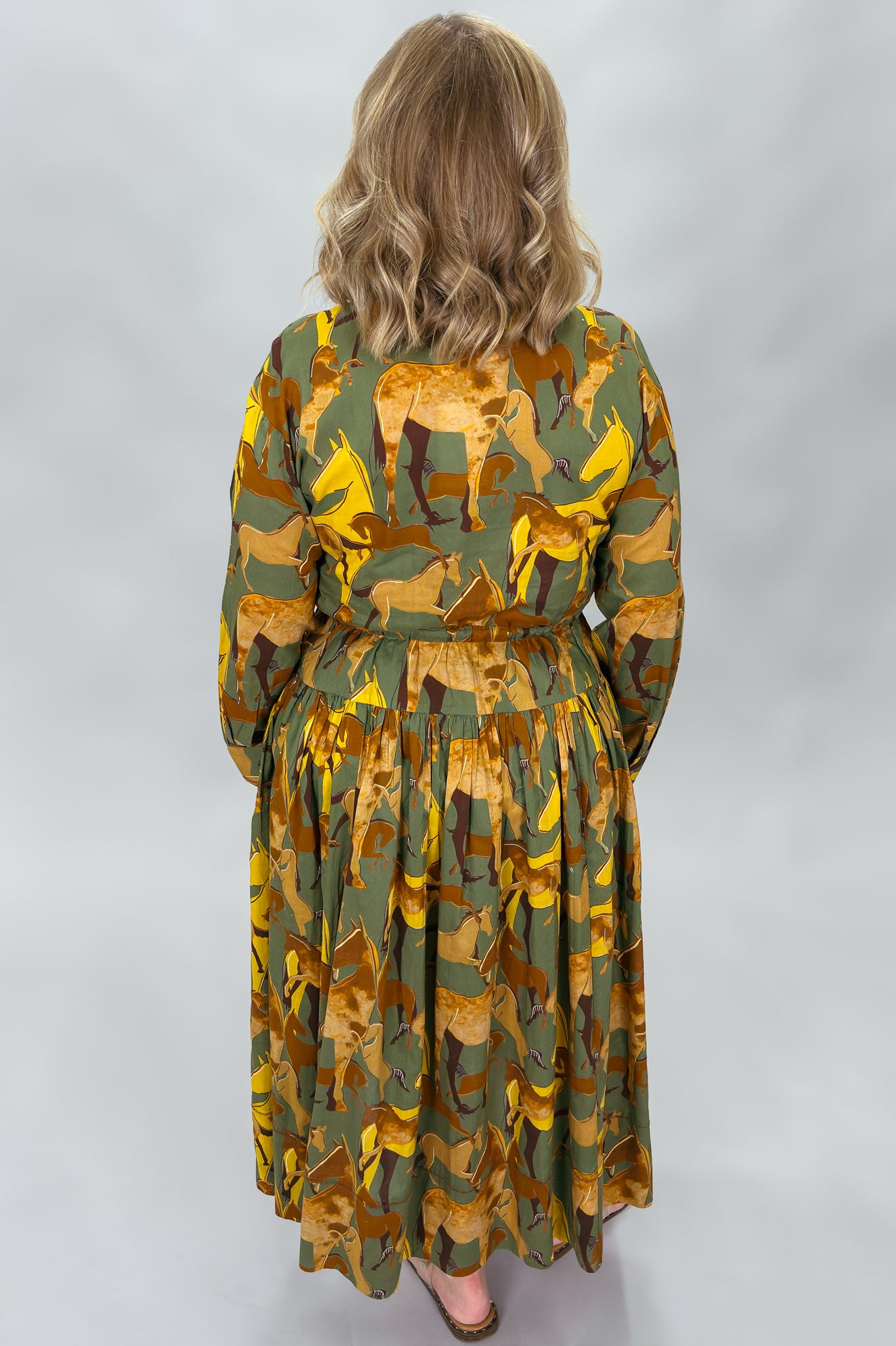IVY JANE Derby Day Collared Button Down Horse Print Midi Dress, Green, alternate product view