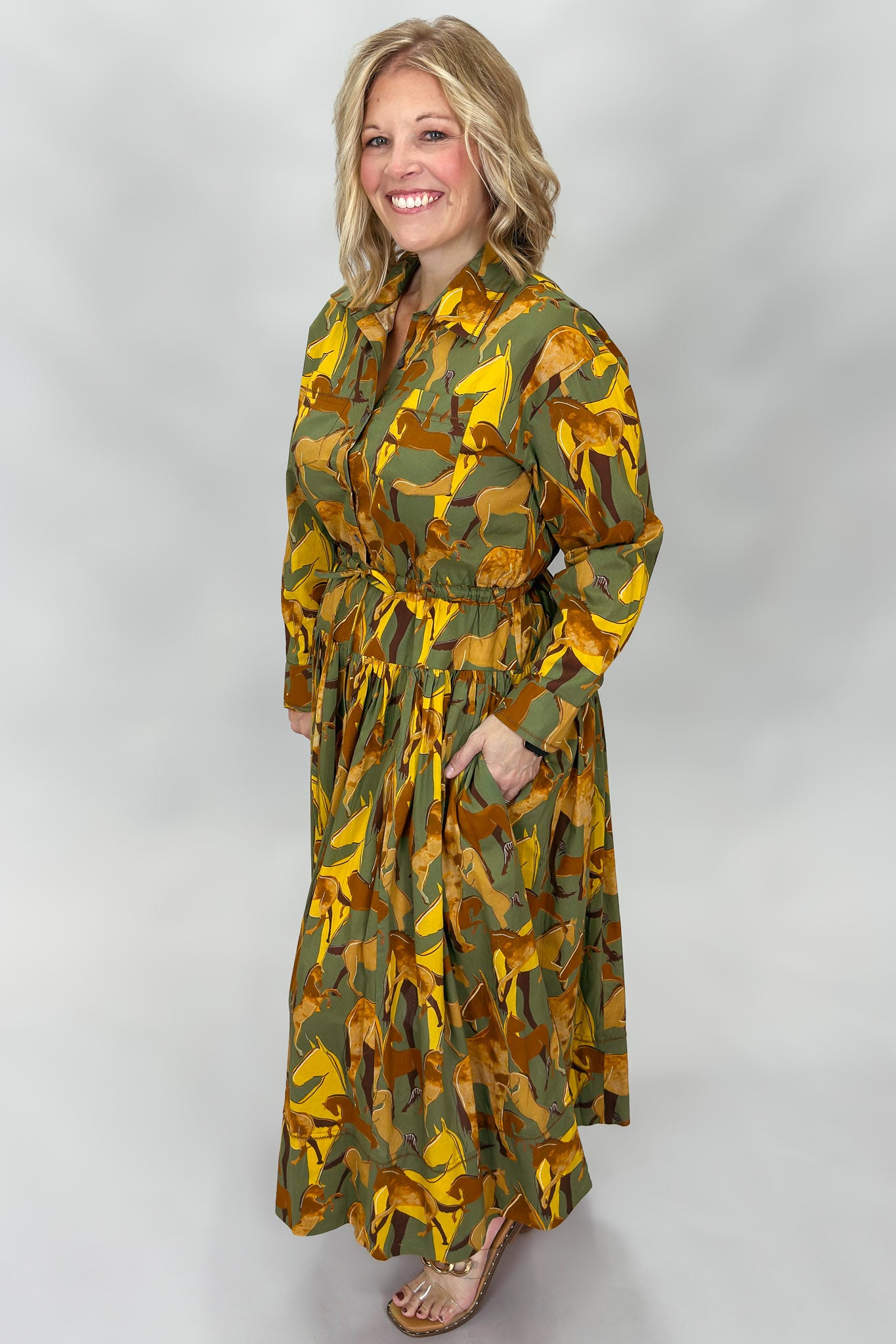 IVY JANE Derby Day Collared Button Down Horse Print Midi Dress, Green, alternate product view