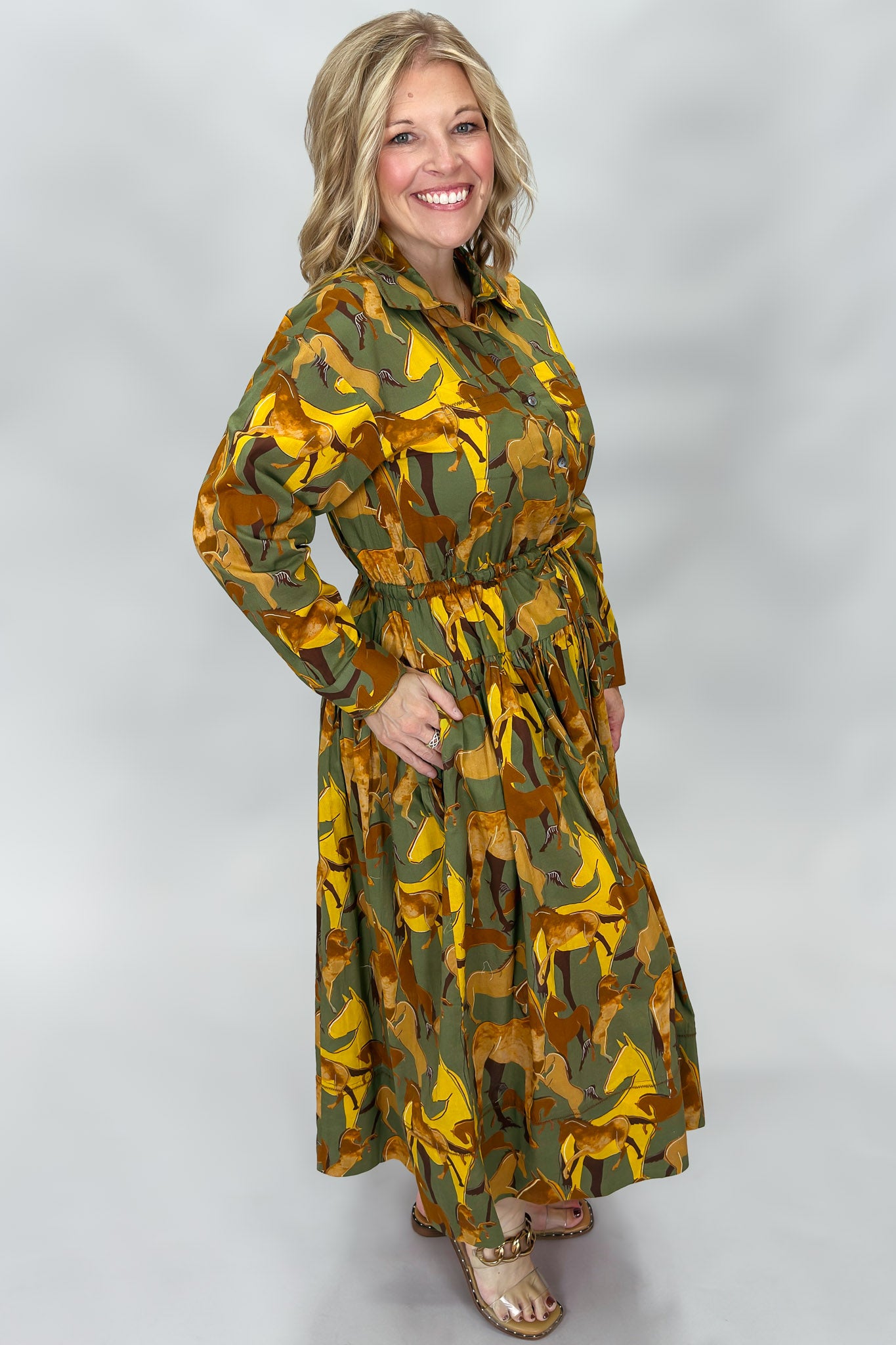 IVY JANE Derby Day Collared Button Down Horse Print Midi Dress, Green, alternate product view