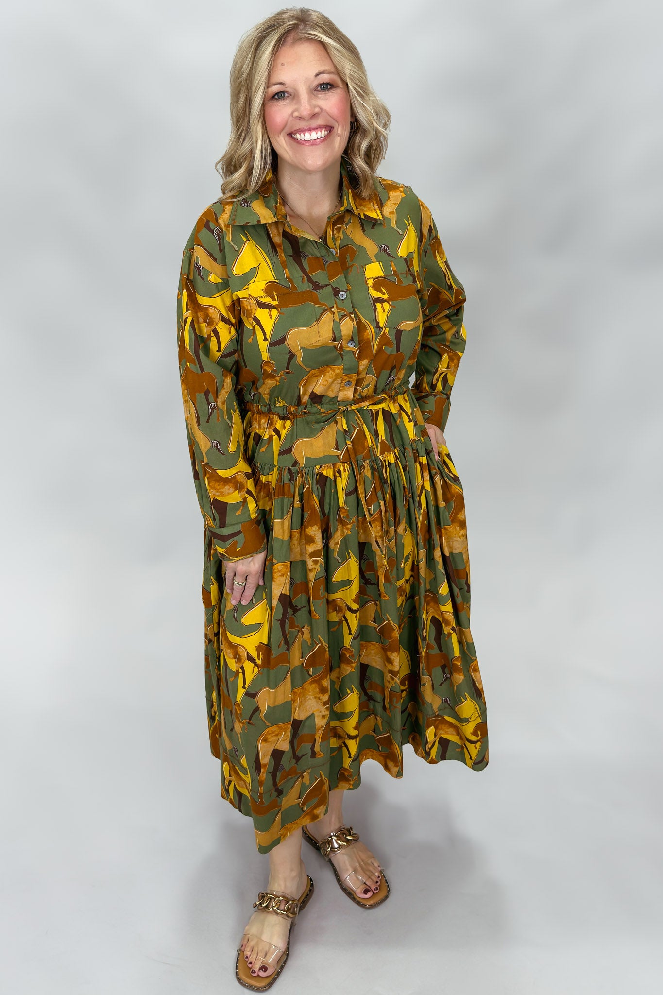 IVY JANE Derby Day Collared Button Down Horse Print Midi Dress, Green, alternate product view