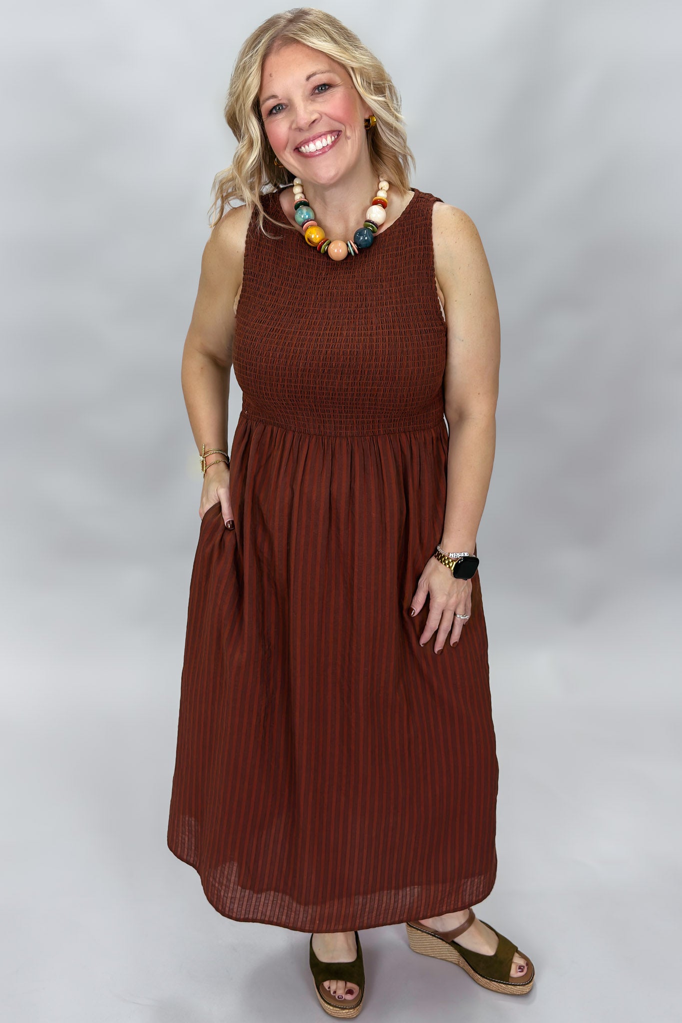 THML Doll House Sleeveless Smocked Midi Dress, Brown, alternate product view