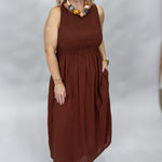 THML Doll House Sleeveless Smocked Midi Dress, Brown