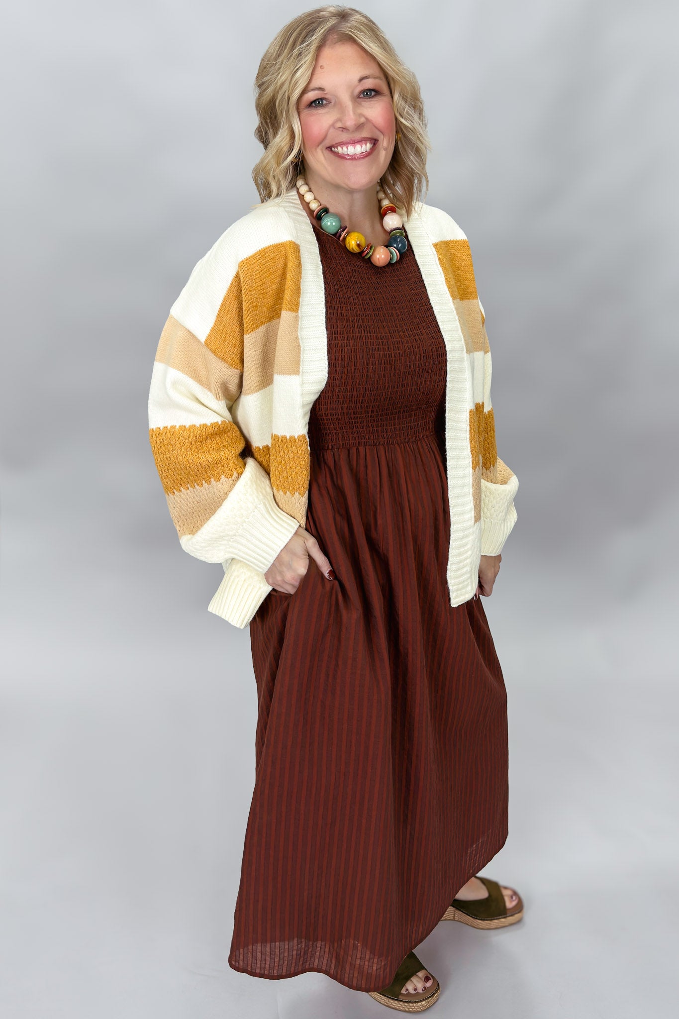 THML Doll House Sleeveless Smocked Midi Dress, Brown, alternate product view