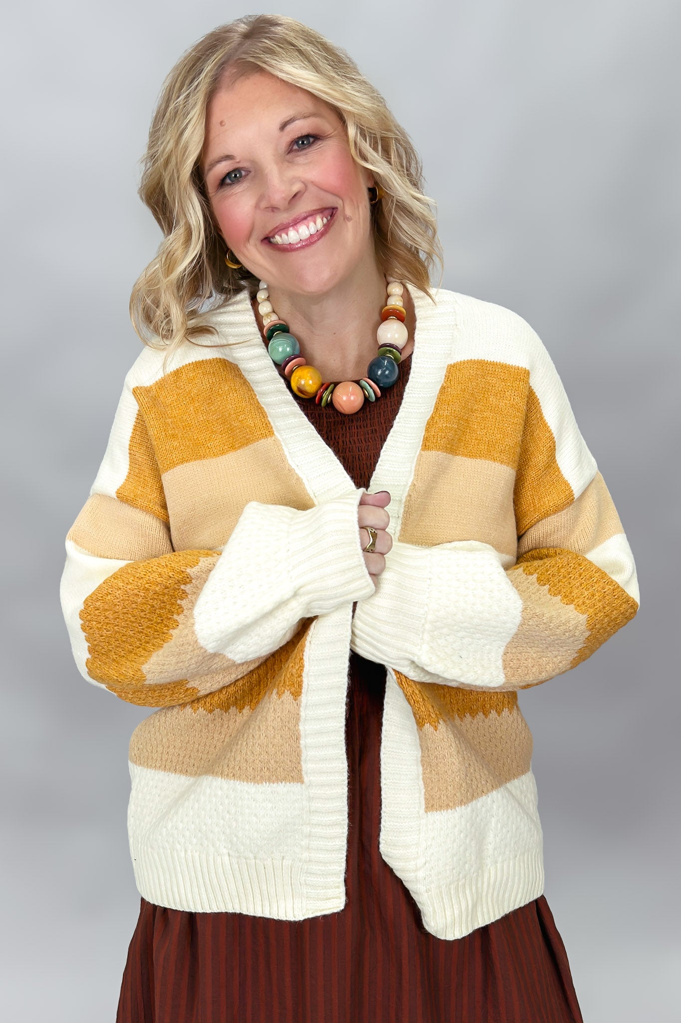 Don't Tell On Me Color Block Cardigan, Gold