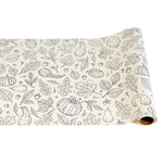 Autumn coloring paper runner with uncolored leaf, pumpkin, gourd and acorn line art, shown on a roll
