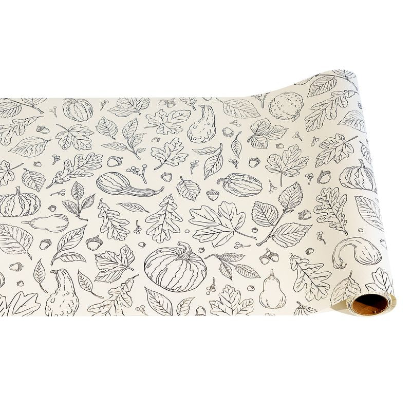 Autumn coloring paper runner with uncolored leaf, pumpkin, gourd and acorn line art, shown on a roll