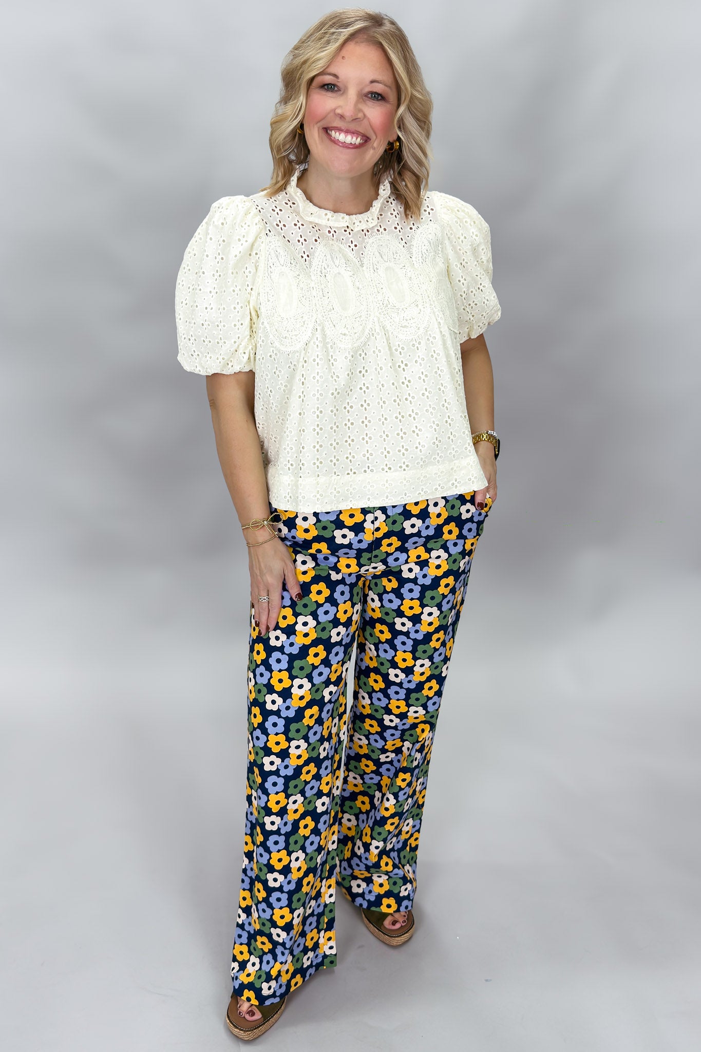 ENTRO Escapism Ruffle Neck Eyelet Top, Cream, alternate product view