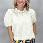 ENTRO Escapism Ruffle Neck Eyelet Top, Cream