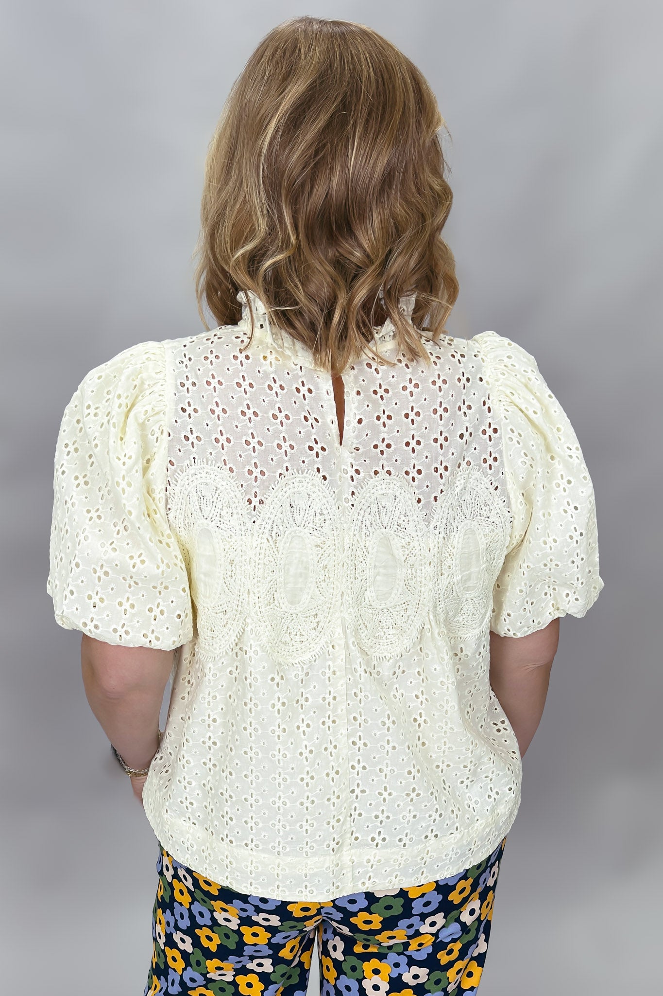 ENTRO Escapism Ruffle Neck Eyelet Top, Cream, alternate product view