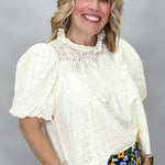ENTRO Escapism Ruffle Neck Eyelet Top, Cream, alternate product view