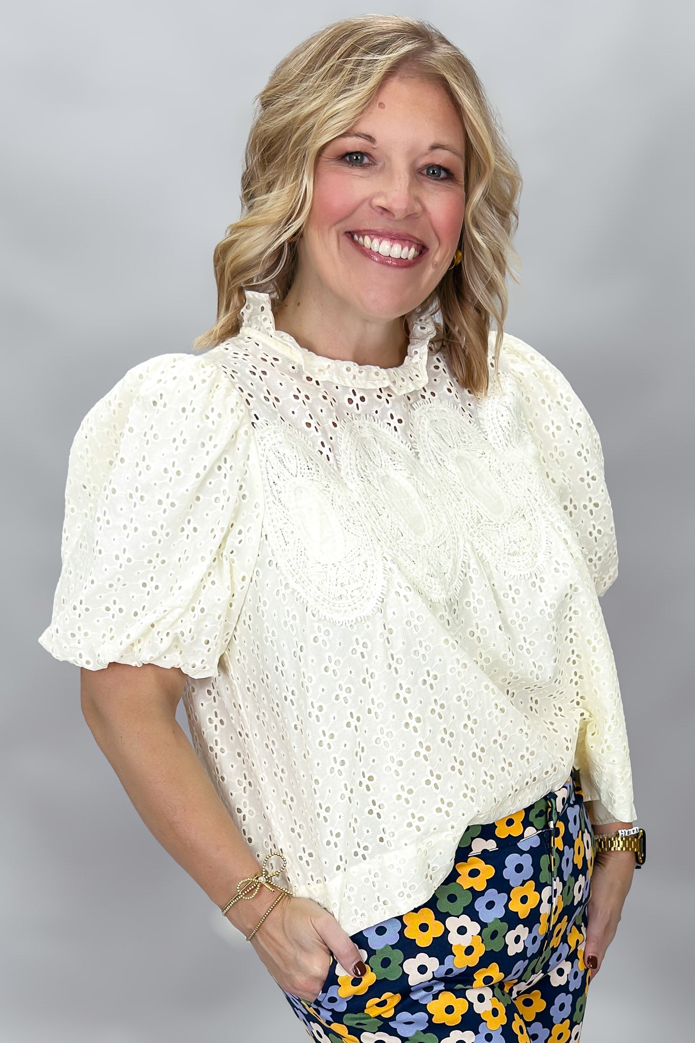 ENTRO Escapism Ruffle Neck Eyelet Top, Cream, alternate product view