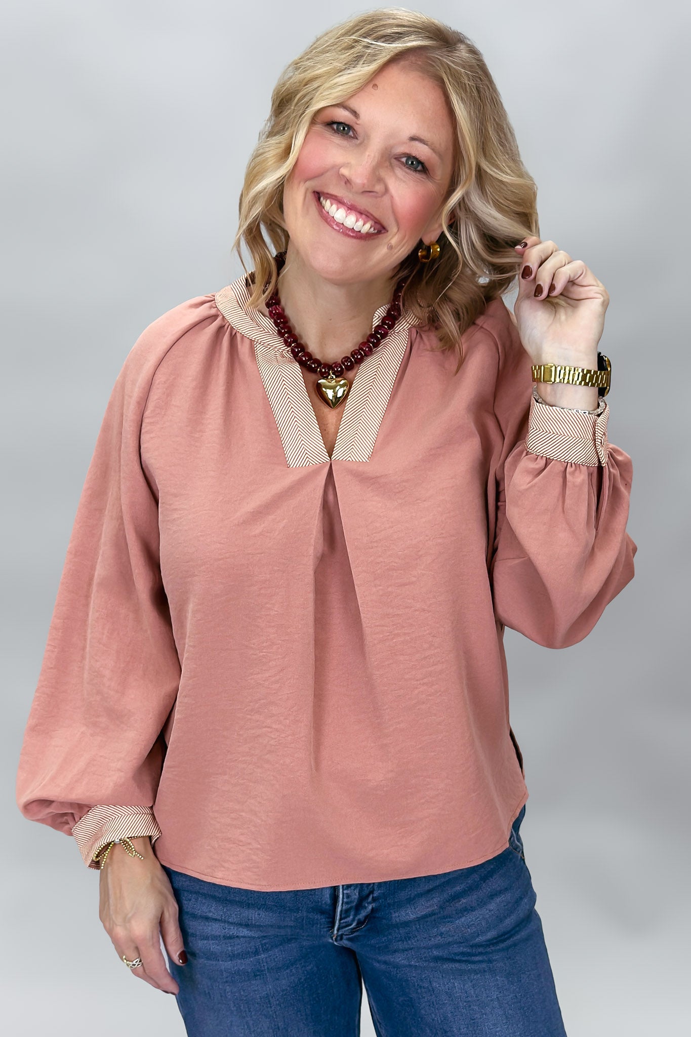 STACCATO Excuse Me, I'm Speaking V-neck Contrast Trim Top, Lt Rust, alternate product view
