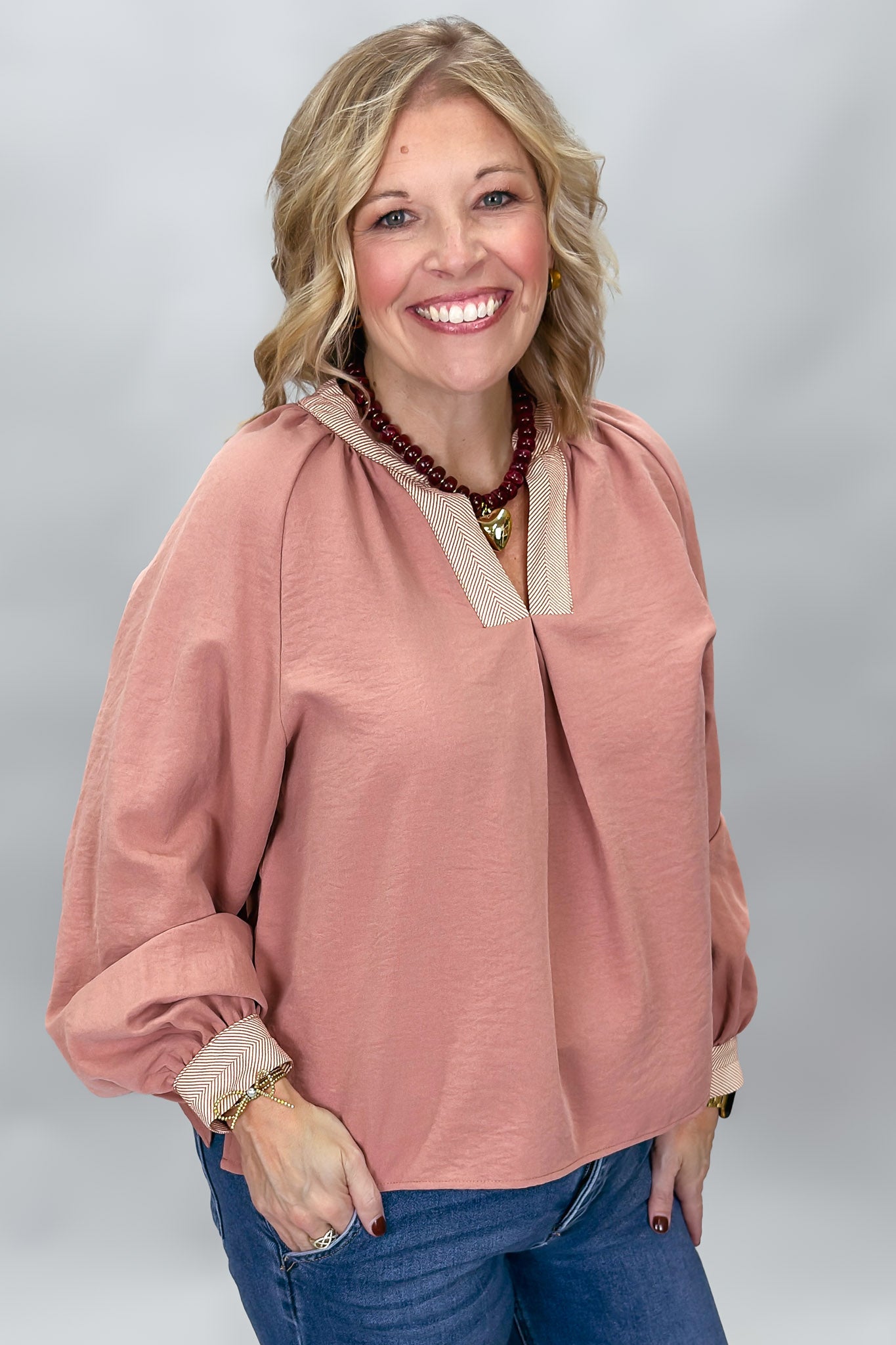 STACCATO Excuse Me, I'm Speaking V-neck Contrast Trim Top, Lt Rust, alternate product view