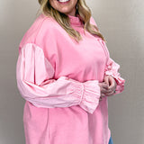 Rumor Has It Mix Material Bubble Sleeve Pocket Detail Top, Pink