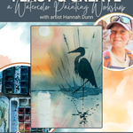 Promotional image for a watercolor painting workshop with artist Hannah Dunn, featuring a watercolor painting of a heron and art supplies.