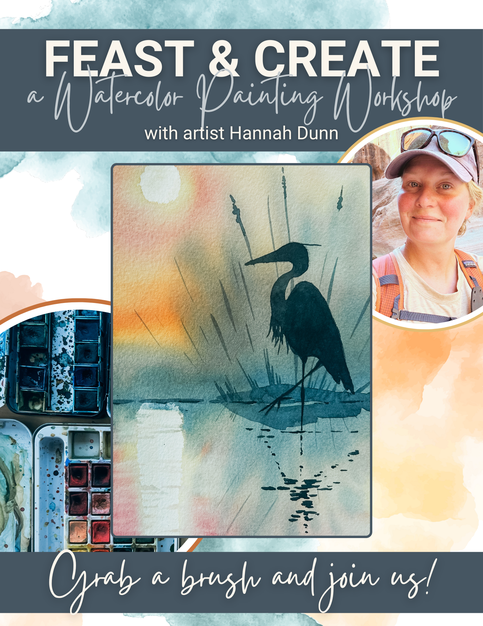 Promotional image for a watercolor painting workshop with artist Hannah Dunn, featuring a watercolor painting of a heron and art supplies.