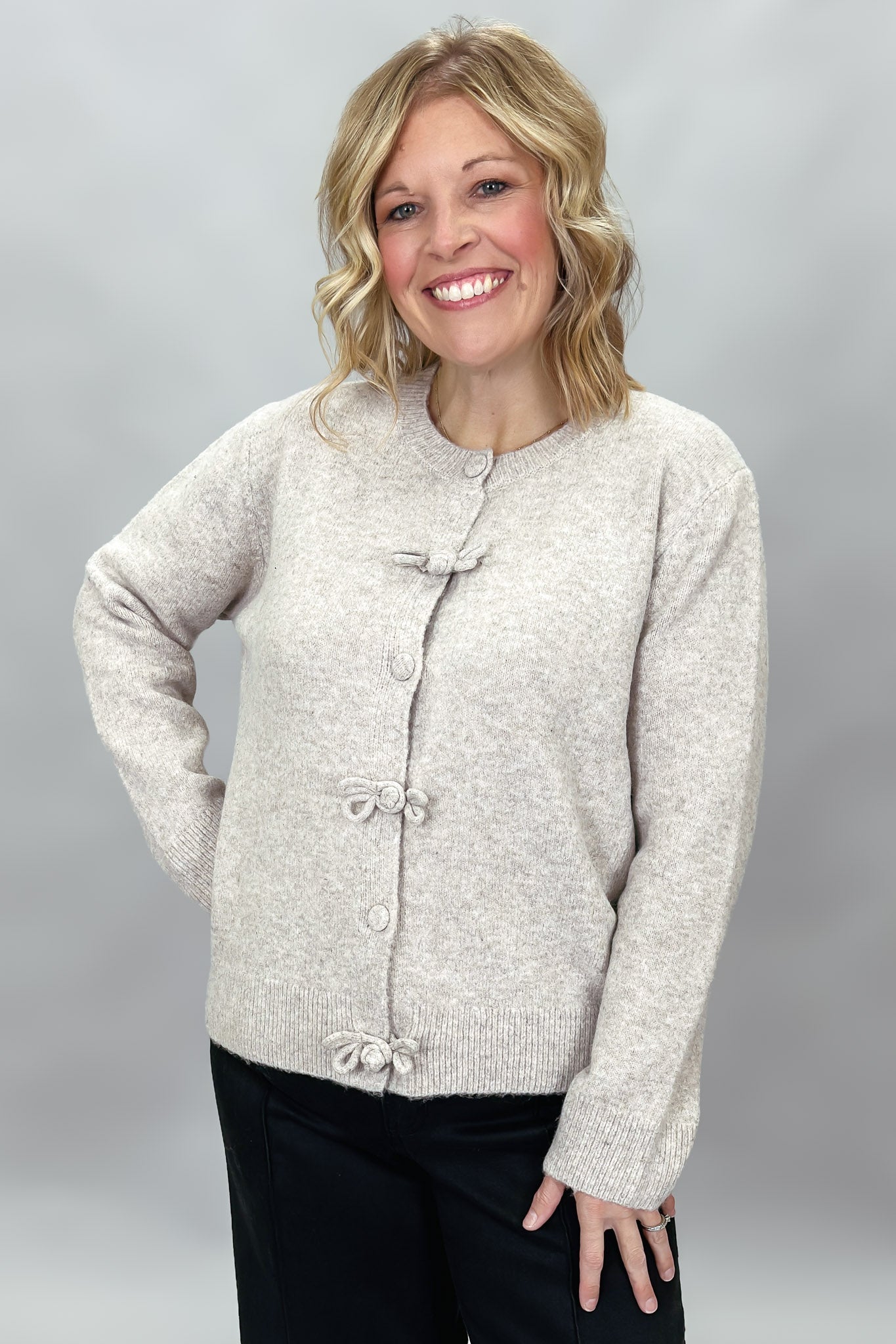 Fingers Crossed Bow Button Up Cardigan, Tan