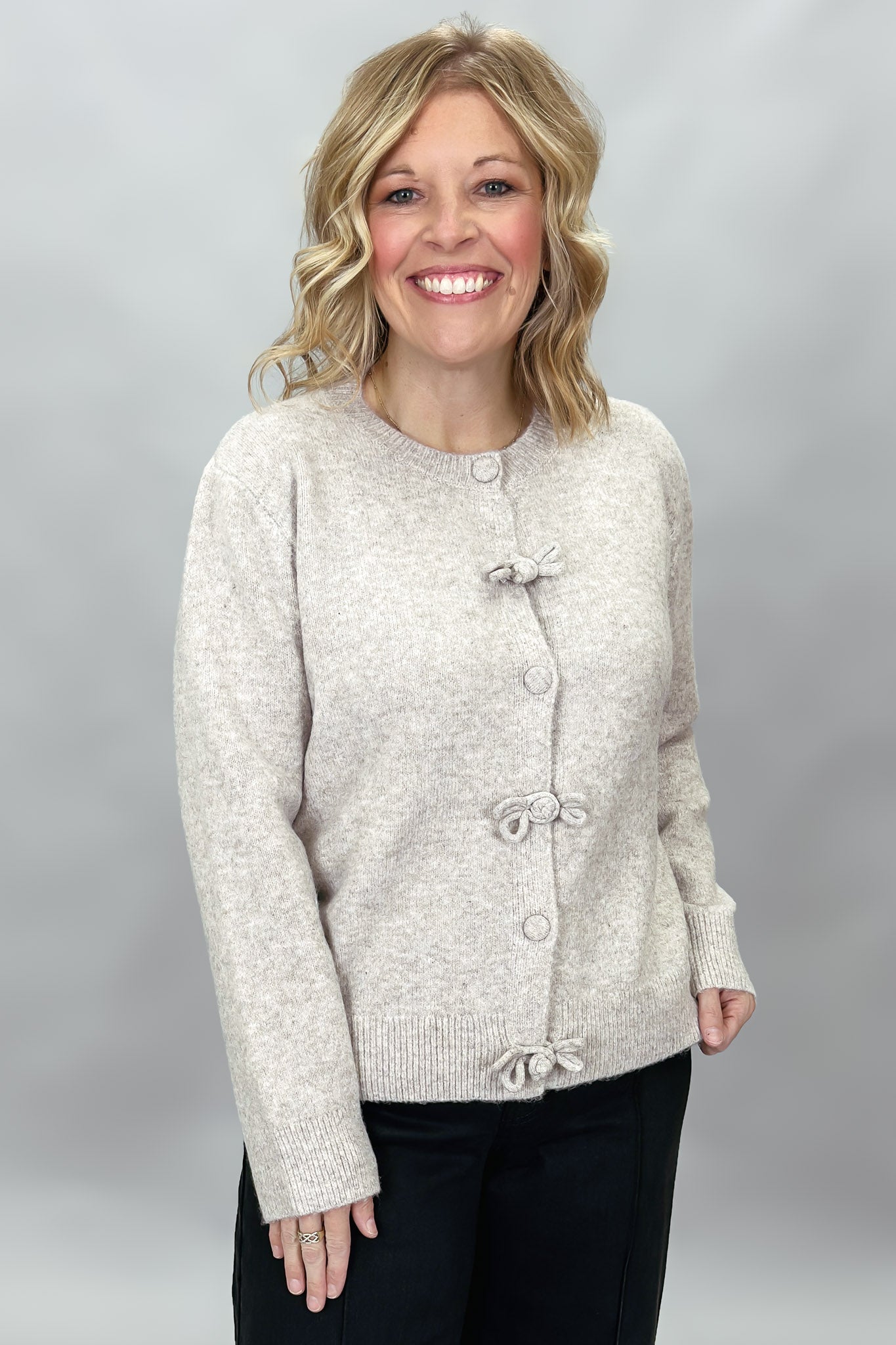 Fingers Crossed Bow Button Up Cardigan, Tan