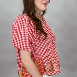 Floral Embroidered Gingham Top, Red