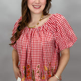 Floral Embroidered Gingham Top, Red