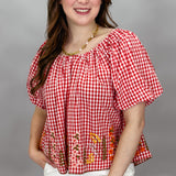 Floral Embroidered Gingham Top, Red