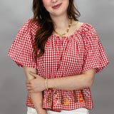Floral Embroidered Gingham Top, Red
