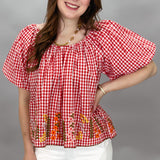 Floral Embroidered Gingham Top, Red