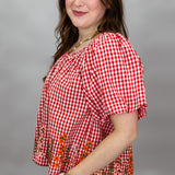 Floral Embroidered Gingham Top, Red