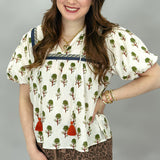 Hungover Floral Print Puff Sleeve Tassel Tie Top, Cream