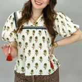 Hungover Floral Print Puff Sleeve Tassel Tie Top, Cream