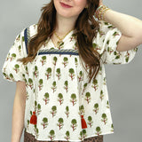 Hungover Floral Print Puff Sleeve Tassel Tie Top, Cream