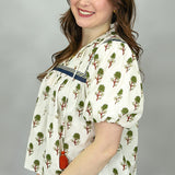 Hungover Floral Print Puff Sleeve Tassel Tie Top, Cream