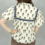 Hungover Floral Print Puff Sleeve Tassel Tie Top, Cream