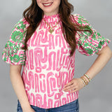 Fool Hearted Memory Embroidered Puff Sleeve Top, Pink