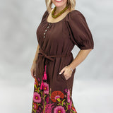 Ivy Jane Scoop Neck Floral Embroidered Midi Dress, Brown