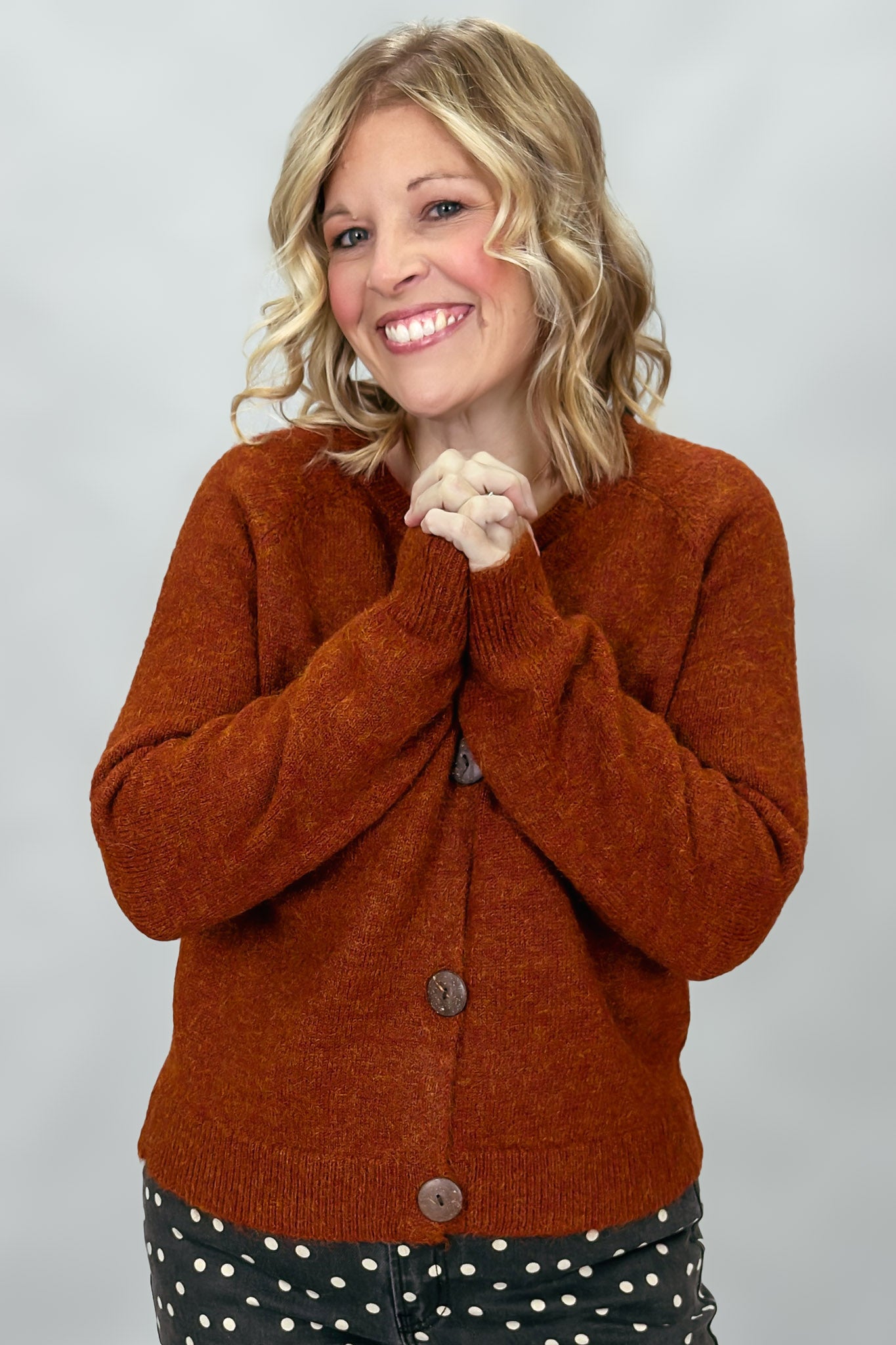 Girl Like Me Button Down Crewneck Cardigan, Rust