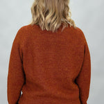 Compania Fantastica rust crewneck button-front cardigan; back view.