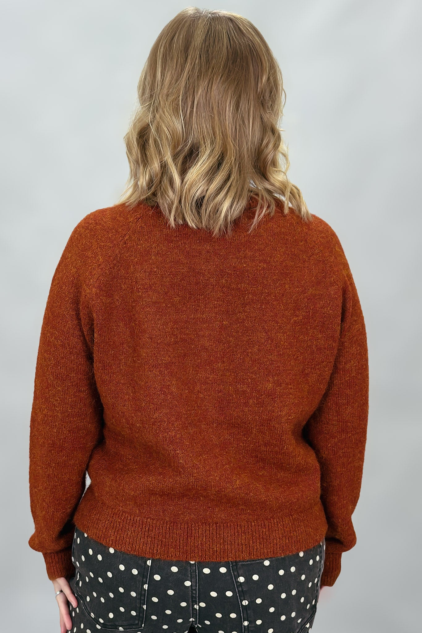 Compania Fantastica rust crewneck button-front cardigan; back view.
