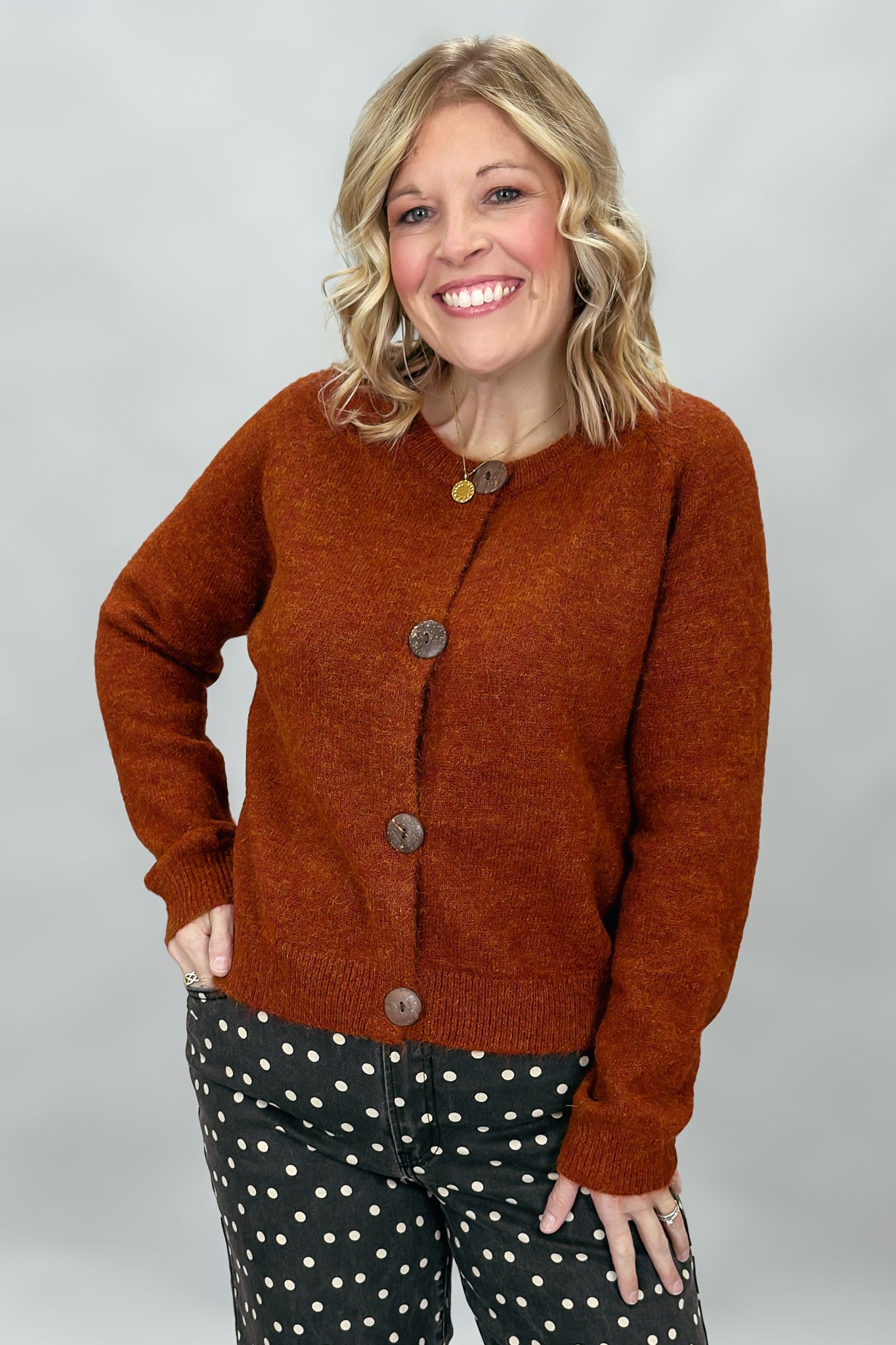 Girl Like Me Button Down Crewneck Cardigan, Rust